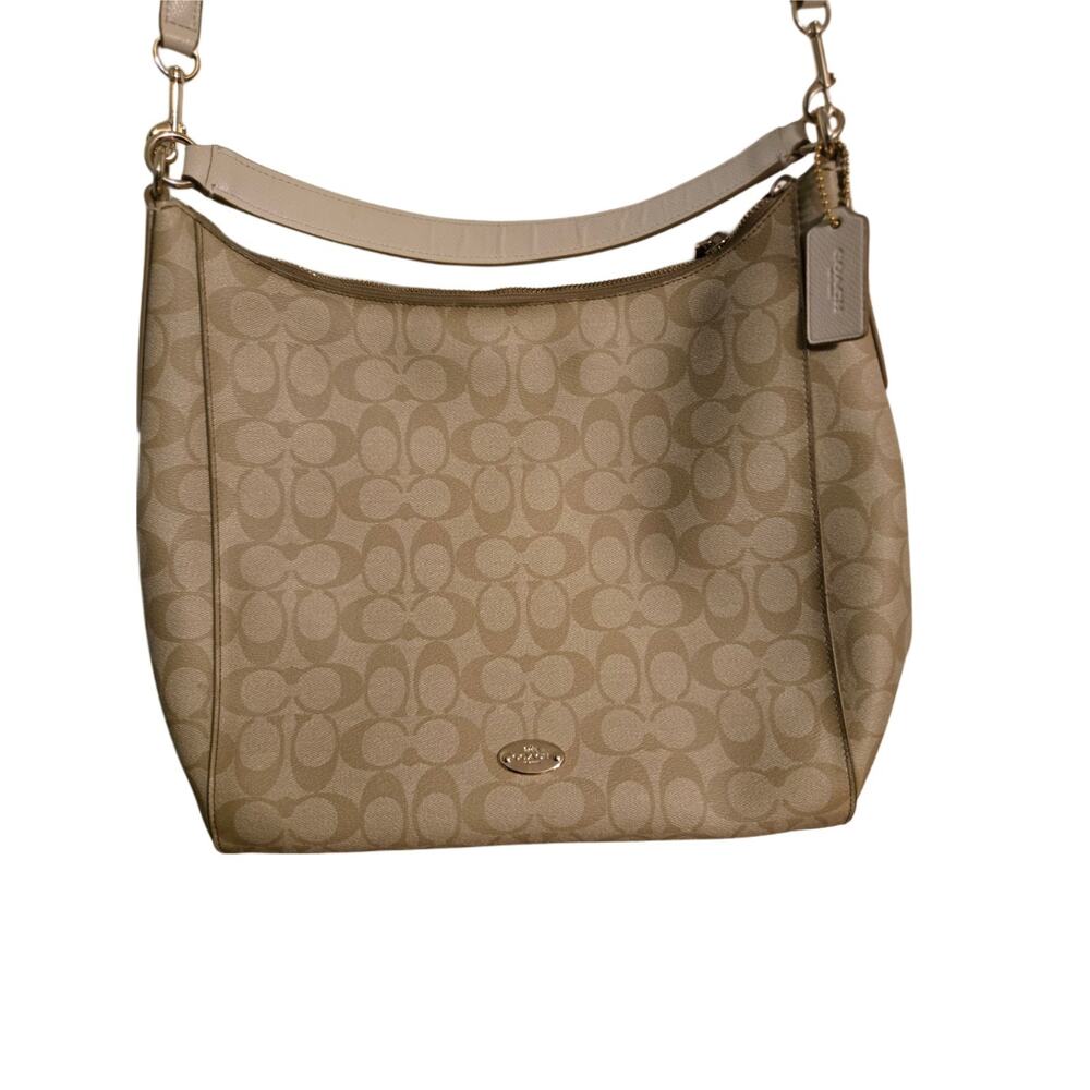 Coach Beige Logo Shoulder Bag Leather Strap, Zip Closure, Inner Pockets